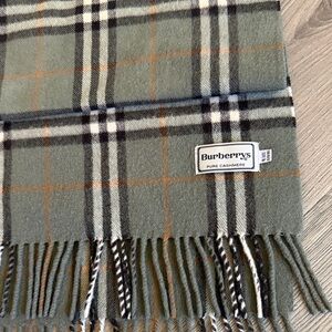 Vintage Burberrys light Olive and Orange Plaid Cashmere Scarf